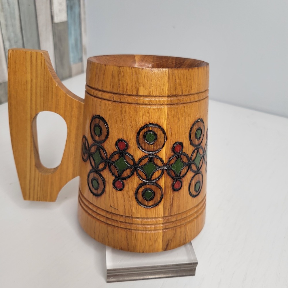 Vintage Wooden Beer Stein Mug with Hand Carved & Painted Folk Art‎ Design